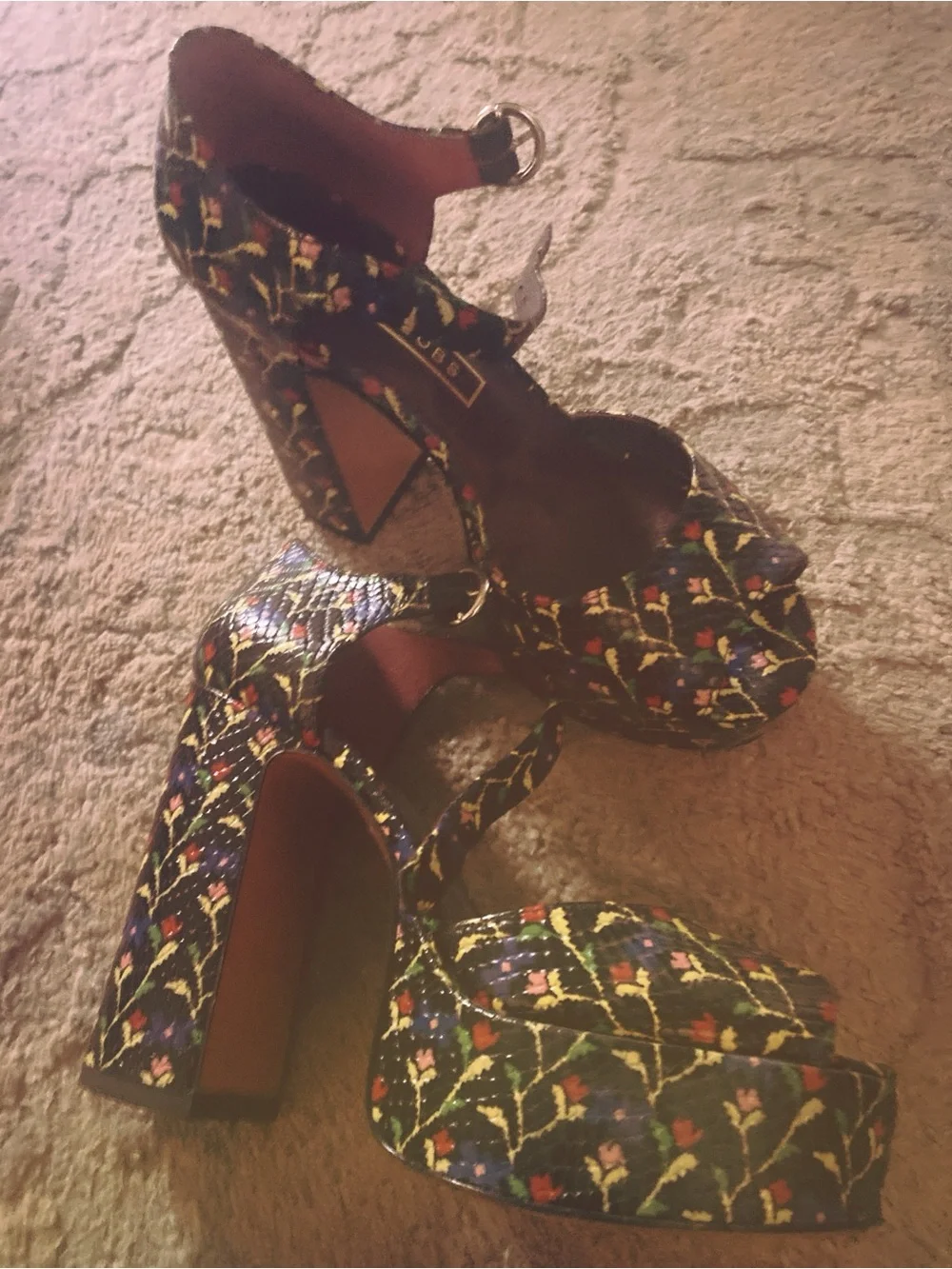 Marc Jacobs High Platform Peep-Toe Ankle Strap Sandals in Black Floral